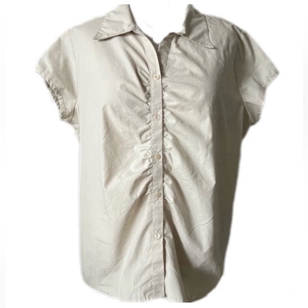 Rag Plus Size 2X camp shirt blouse short sleeves ruching, khaki button down VGUC